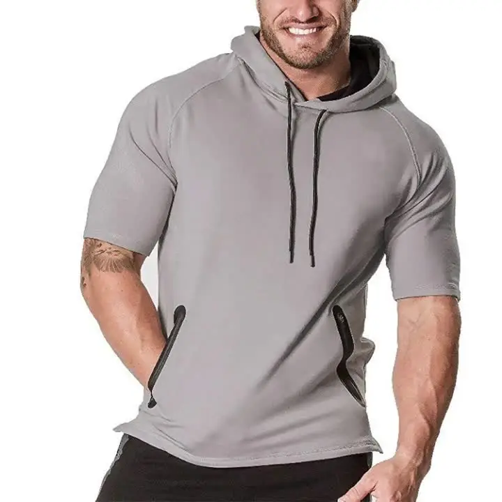 Wholesale Sports Men Short Sleeve Workout Sports Hoodie Custom Logo Fitness Sports Men Gym Hoodie