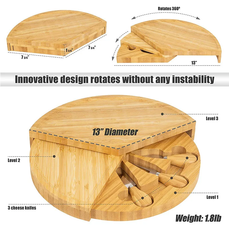 Folding Round Wood Rotating Charcuterie Boards Cheese Board Slate Serving Tray Including Stainless Steel Knife