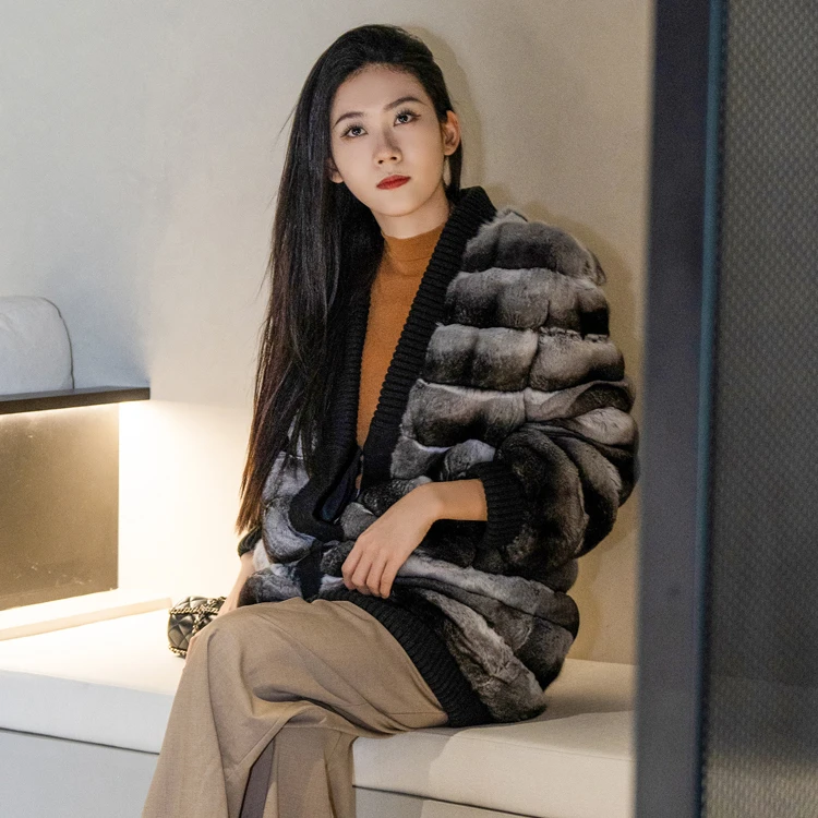 Factory Top Quality Cheap Women Winter Real Chinchilla Fur Coat Casual Style Fur Cardigan Ladies Real Chinchilla Fur Overcoat