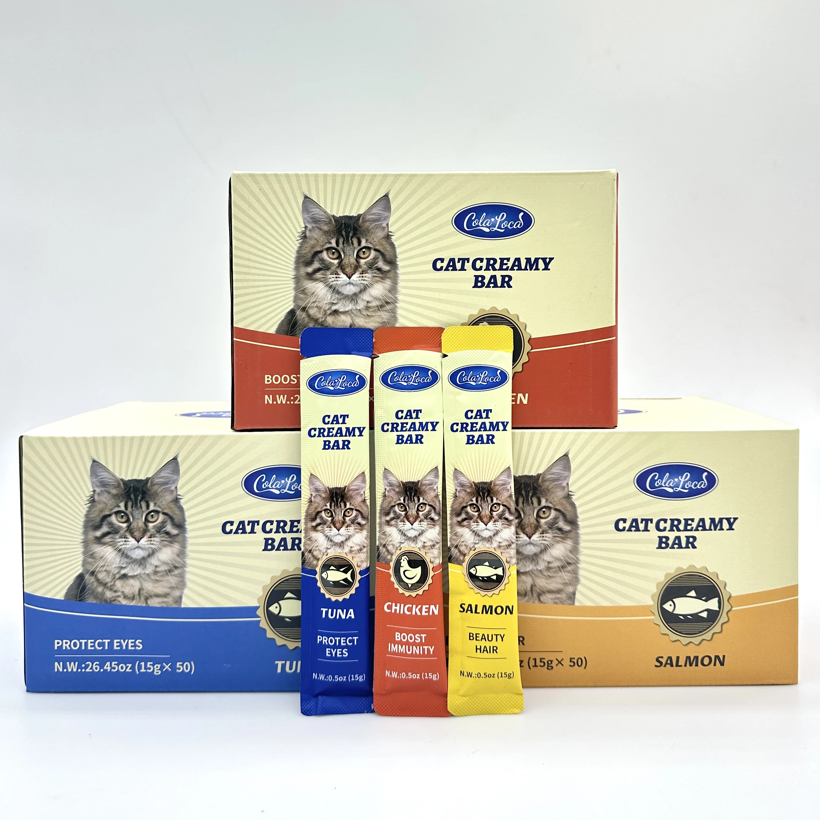 High-quality Cat snacks Salmon Chicken Tuna Strips 15g creamy cat treat tube Wet Cat Food OEM Factory