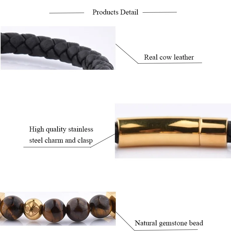 Crazy Design Fashion Jewelry Leather Wrap Gemstone Clasp Black Charm Bracelet