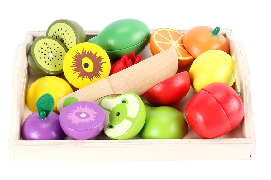Wholesale preschool role play pretend play kitchen set toy wooden food cutting vegetables fruit toy for kids