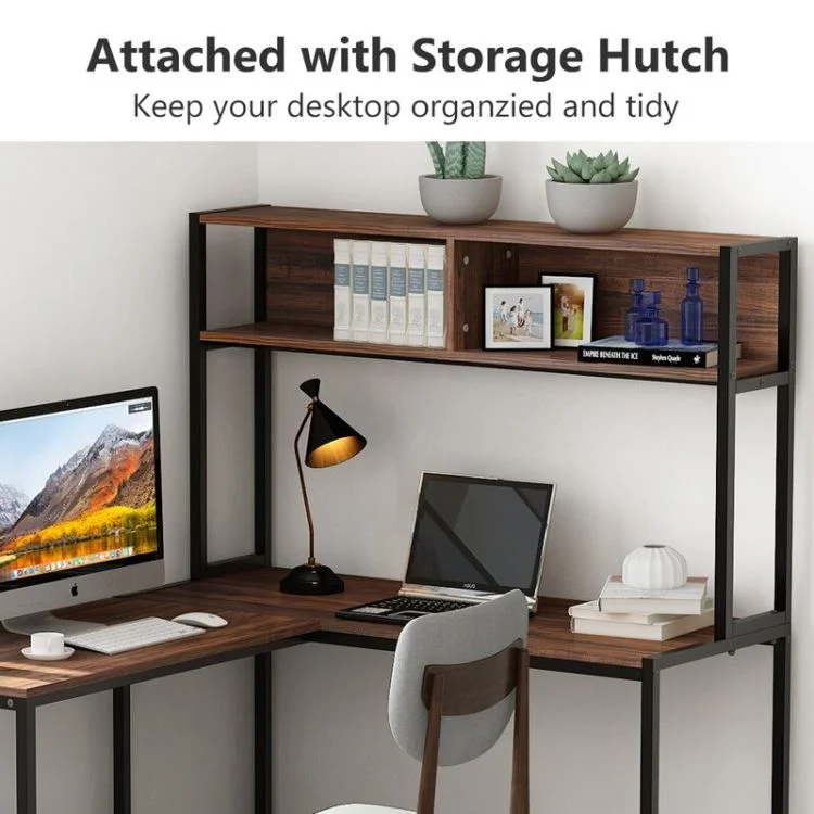 Wholesale L-Shaped Metal Frame Wooden Writing Office Desks Study Table Home Corner Computer Table With Shelves