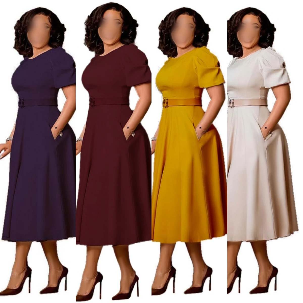 L35 Ladies Office Dresses Women Formal Work O-neck Puff Sleeve Wrap Waist A-line Ruched Dress Elegant Casual Dresses With Belt