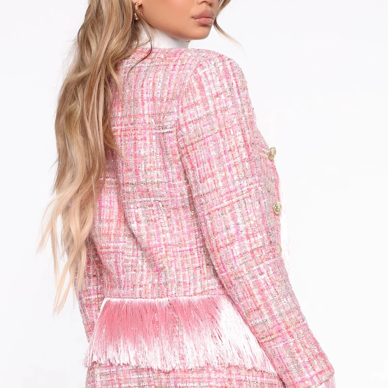 Double breasted long sleeve fringe women tweed jacket