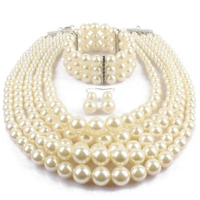 Exaggerated multilayer pearl beading bracelet earring necklace set