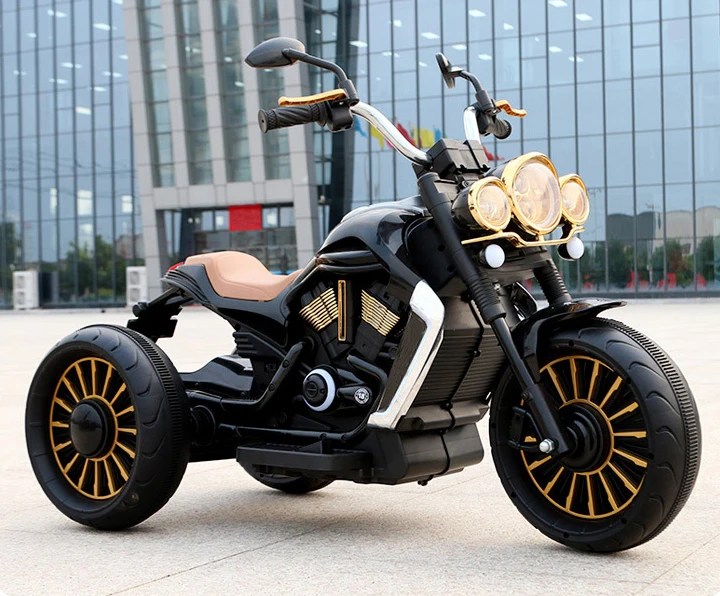 Customizable boys and girls can ride on a large Harley electric scooter that has three wheels and can be filled