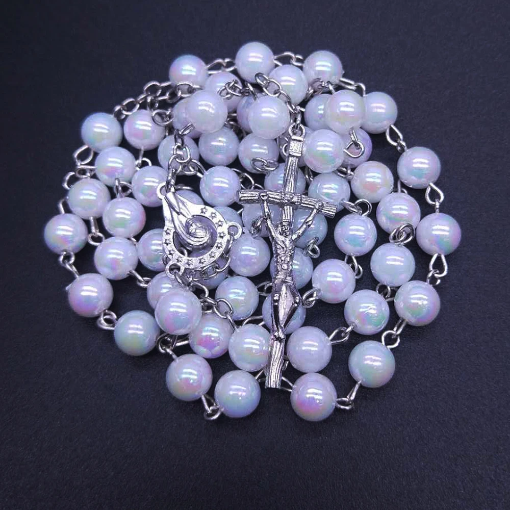 Bead Pearl Rosary Necklace Church Prayer Beads Center Maria Crucifix Pendants for Catholicism Christian Religious Jewels