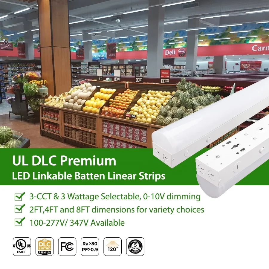 UL DLC 2FT 4FT 8FT Light 100-347V Commercial Ceiling Fixture Linkable LED Batten Strip Light