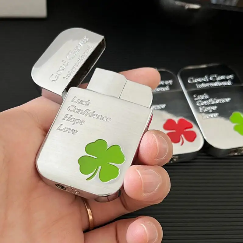 Metal Four-leaf Clover Printed Gas Lighter Red and Green Flame Inflatable Windproof Cigarette Couple Gift