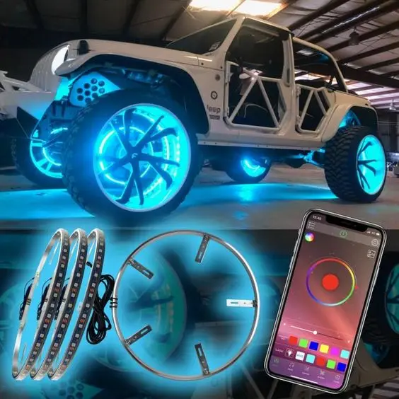 Оптовая торговля 15-дюймовый Rgb светодиодные колеса кольцевой вспышкой для видеосъемки Двухвалковая ряд колеса огни чеканка Underglow Led для центрального движения колеса обода для автомобильных дисков