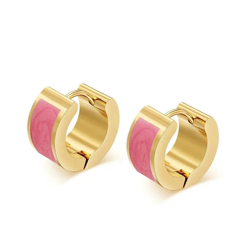 Wholesale Statement Earring Fashion Designed Cute 7mm Pink Enamel Stainless Steel Gold Plated Hoop Earrings For Girls