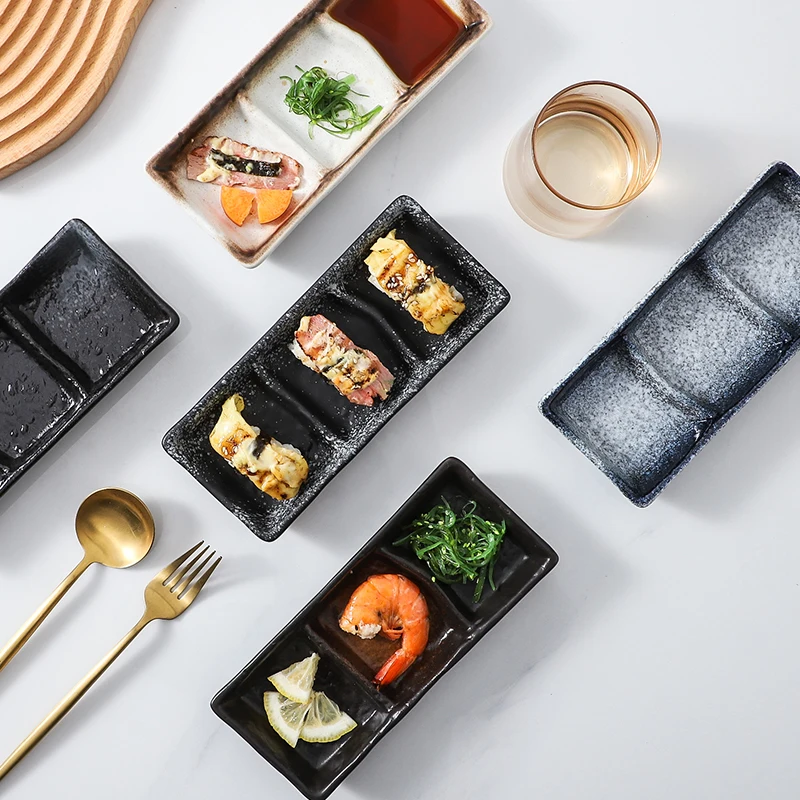 Japanese Style Glazed 3 Compartment Ceramic Sauce Dish Rectangular Sushi Mustard Dipping Soy Saucer