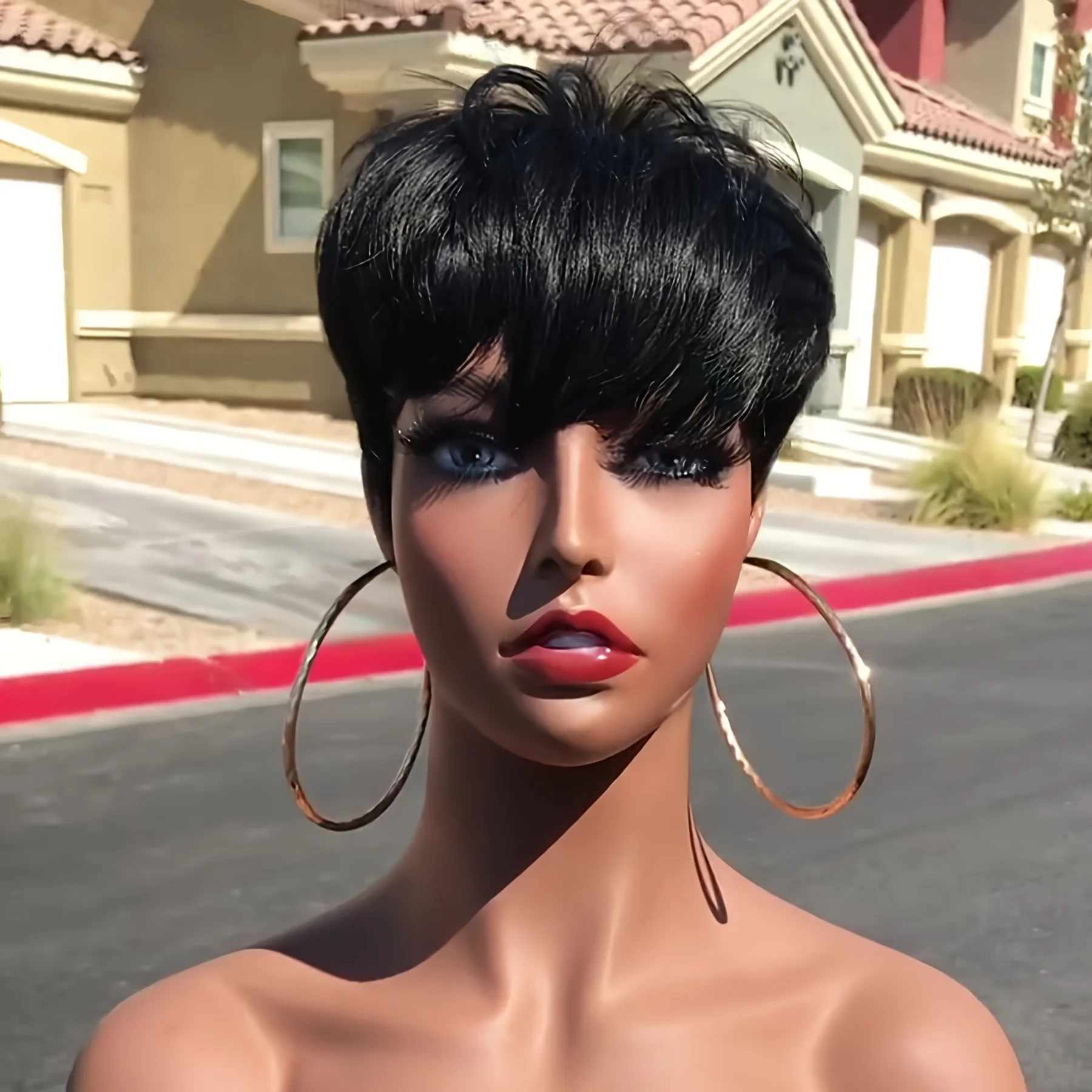 Full Machine Made None Lace Front Wig Nature Black Short Haircut Wig With Bangs Wig Brazilian Human Hair Pixie Cut