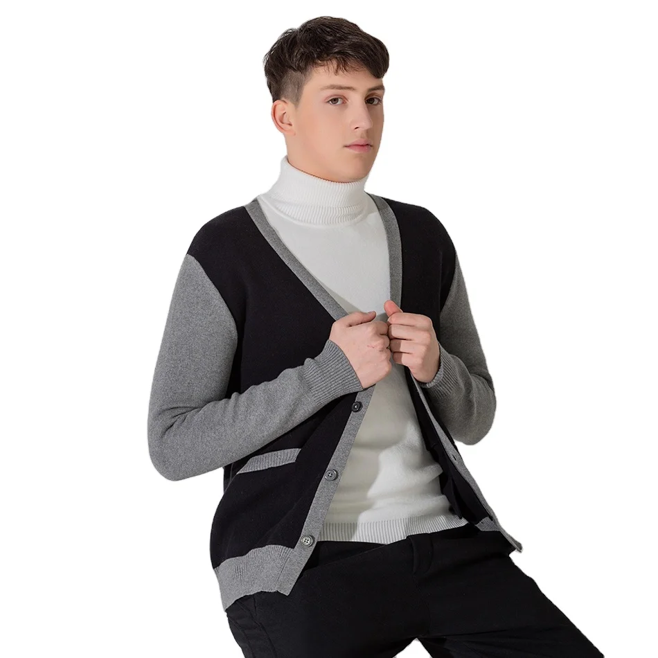 
Wholesale Wool Jumper Men Knit Sweater Shawl Collar Casual Cardigan with Buttons and Pockets V Neck Sweater For Men 