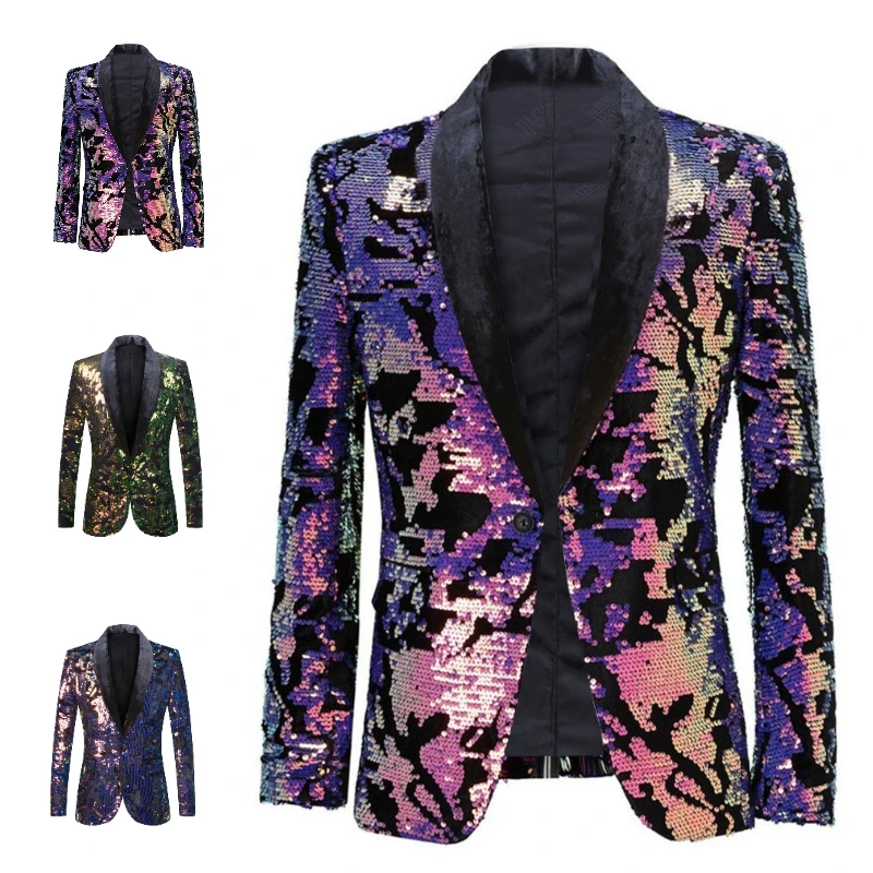 Mens Sequin Blazer Plus SIze Jackets Men Tuxedos Costume Homme Blazers Jacket Luxury Men Clothes Velour Neck Suit Slim Fit