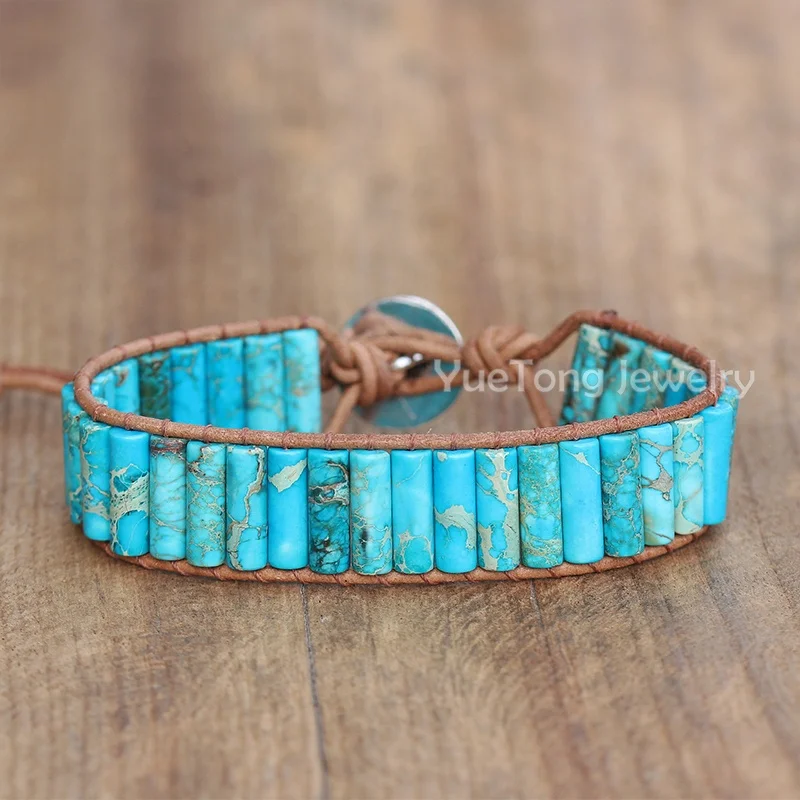 Bohemian Tube Beads Natural Stone Turquoise Leather Wrap Bracelet Women Unisex Multi Colors Handmade Gemstone Jewelry Wholesale