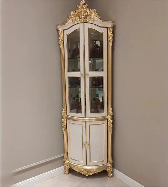 European luxury style dining room bar wine cabinet furniture set carved wooden red wine corner cabinet with glass