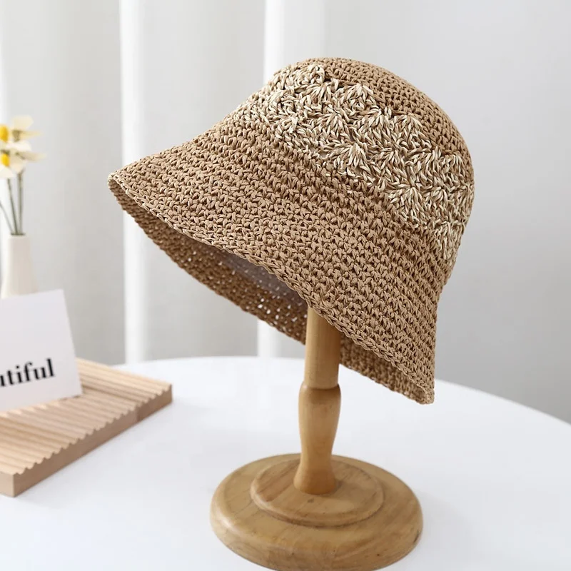 Factory Wholesale Sun Protection Foldable Beach Straw Hat Summer Bohemian Flower Hand-Woven Straw Crochet Bucket Hat For Women