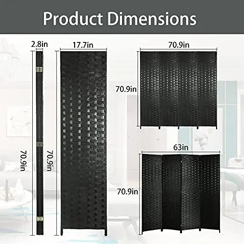 Foldable Free Standing Privacy Screen Handmade 6ft High Fiber Screen Black 4 Panel Room Divider for Living Room, Office and Stud