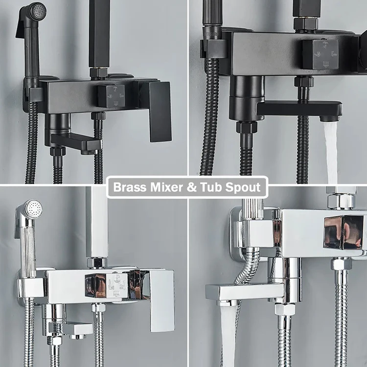Luxury Square Bathroom Shower Faucet 4 Way Rainfall Shower System Stainless Steel 304 Black Shower Set