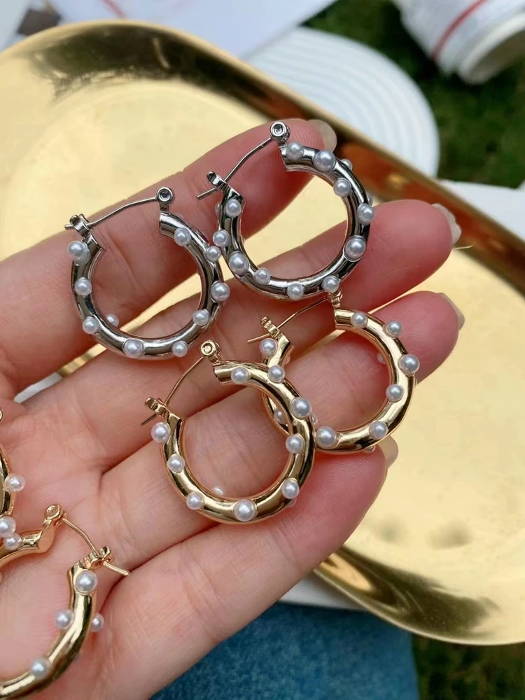 Big Large Round Circle Hoop Earrings Pearl Beads 18K Gold Sliver Color Brass Stud Earrings