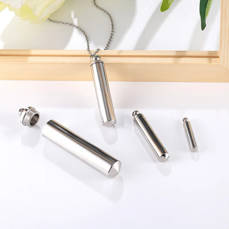 
Simple Design Stainless Steel Pendant Can Open Cylinder Perfume Bottle Token Bottle Rune Bottle Necklace Pendant For Gift 