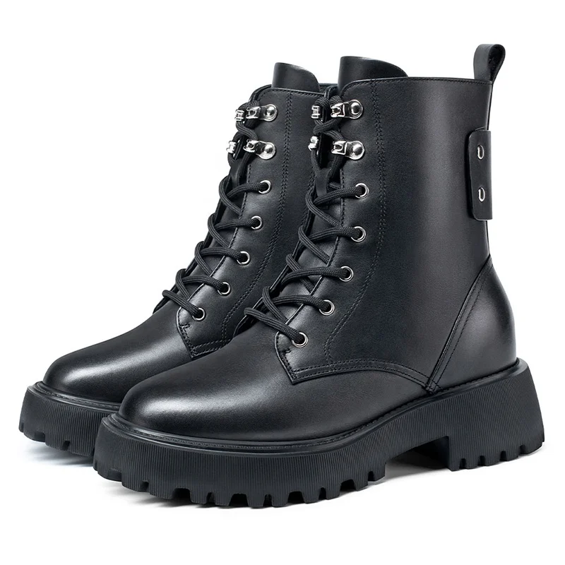 Wholesale New arrival lace up winter leather boots women height increasing shoes Outdoor high heel shoes Keep warm shoe