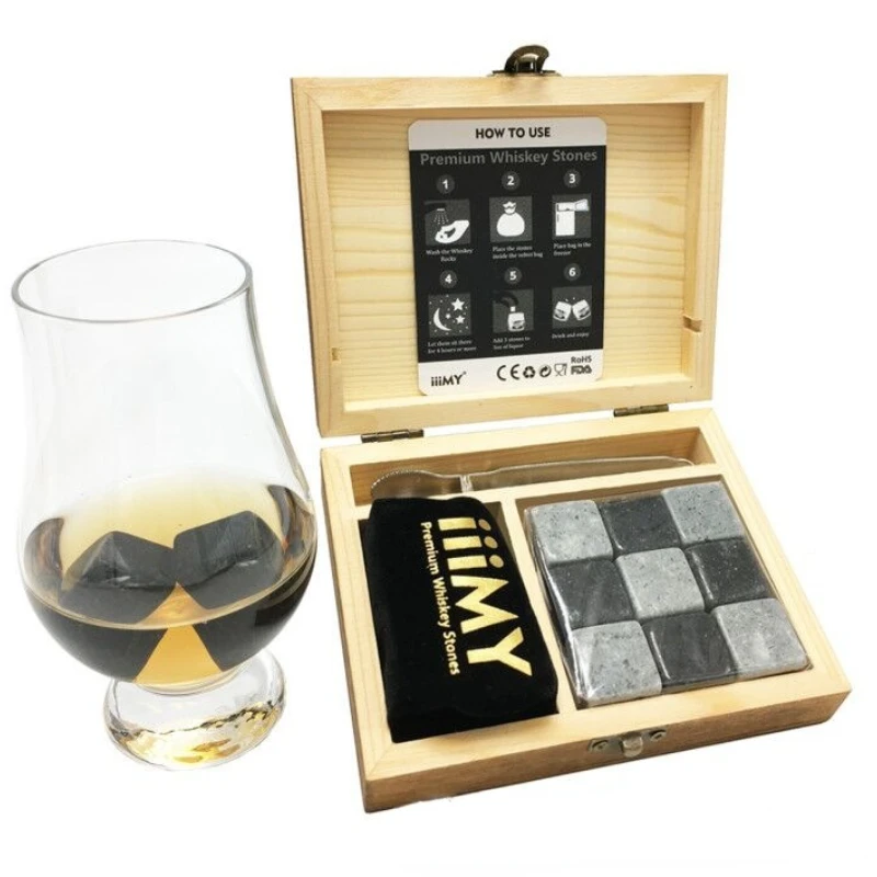 FHbiz Custom Whiskey Rocks Chilling Stones Wooden Box Set with Ice Cube Glasses Coaster