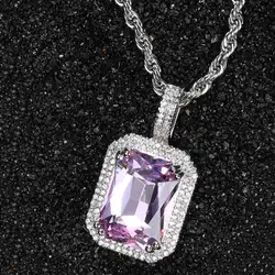 IG Bust Down Red Ruby Blue Pink Gem Iced Out Charm Square Pendant Necklace CZ Hip Hop Diamond Women Men Jewelry