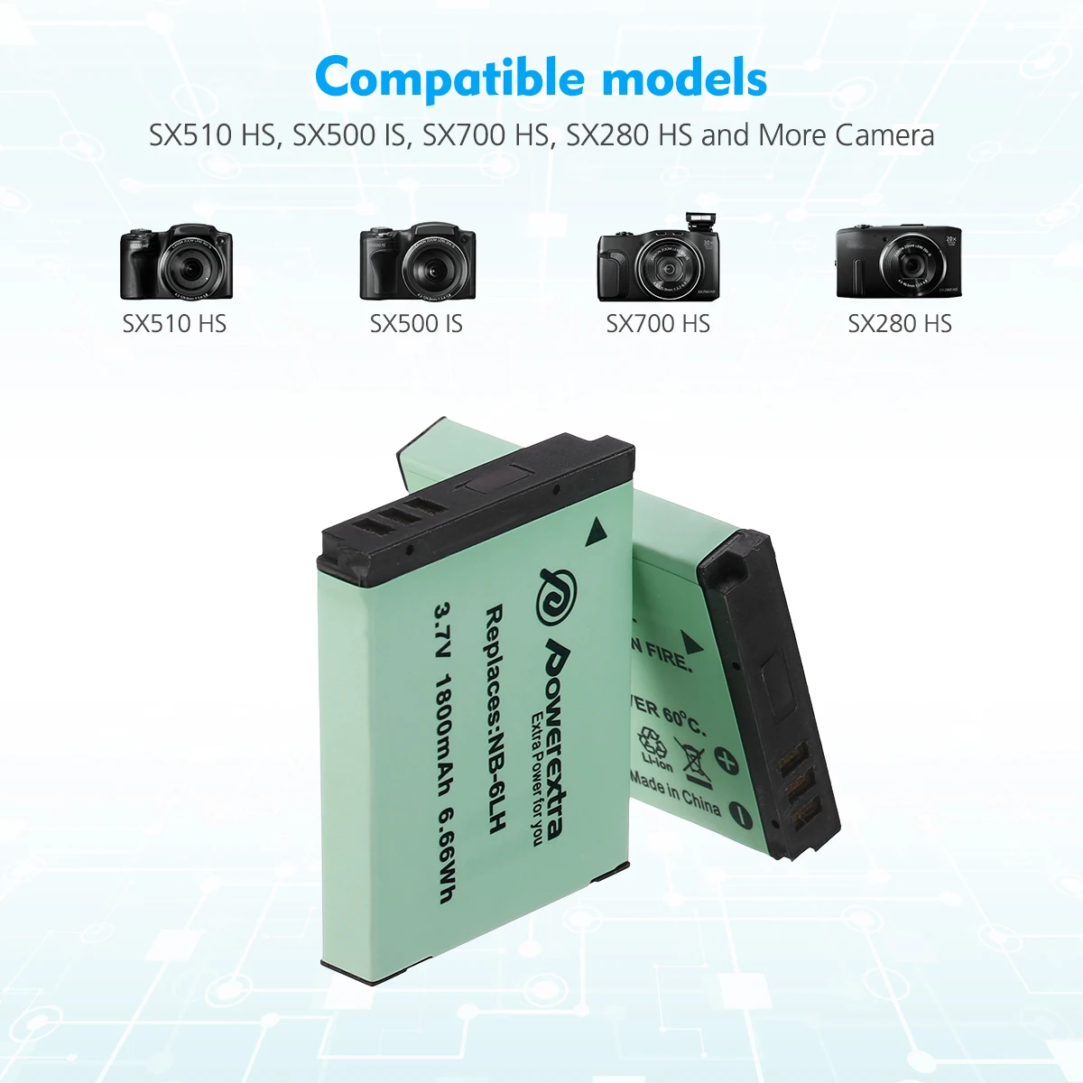 Powerextra Upgraded 3.7V 1800mAh Rechargeable NB-6L NB-6LH Li-ion Replacement Digital Batteries