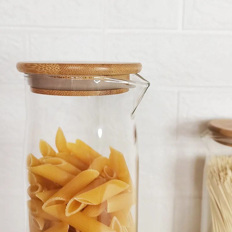 Large capacity glass storage jar custom kitchen glass food storage container glass spice jar with bamboo lids for Spaghetti