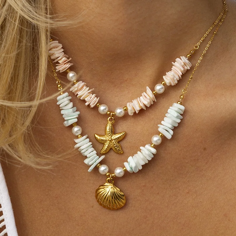 Summer Beach Vacation Jewelry Shell Pieces Pearl Shell Pendant Necklace Stainless Steel Beads Necklace Idea Handmade Jewelry