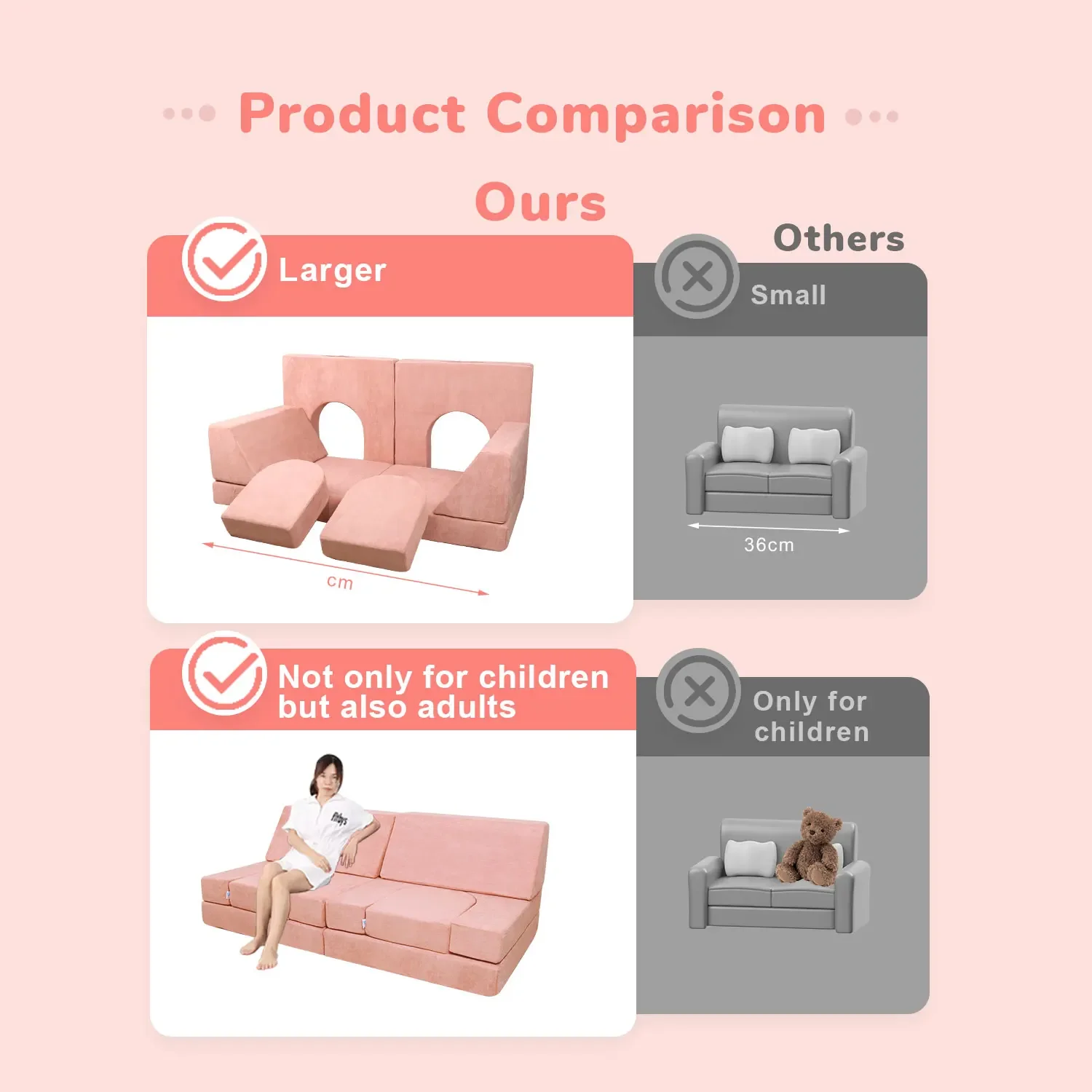 Factory Color Customization Pink Fold Out Play Couch Toddler Glow Sectional Foam Play Set Couch Set Kid Sponge Sofa