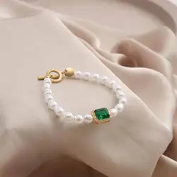 Baroque Full Freshwater Pearl Green gem Bracelet Natural Bead Stone Ot Buckle Bracelet