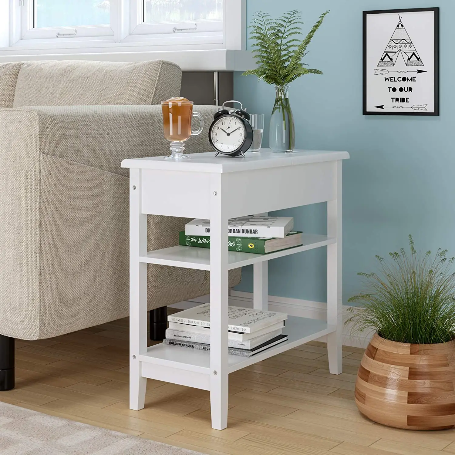 
No.5101End Table with Flip Top Narrow End Table with Storage Shelves Sofa Chair Bedside Nightstand 