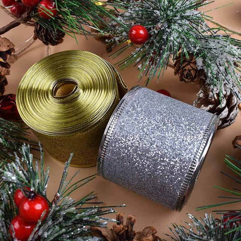 50mm Gold Wire Edge Metallic glitter ribbon Polyester Ribbon Roll Christmas ribbons For Decoration
