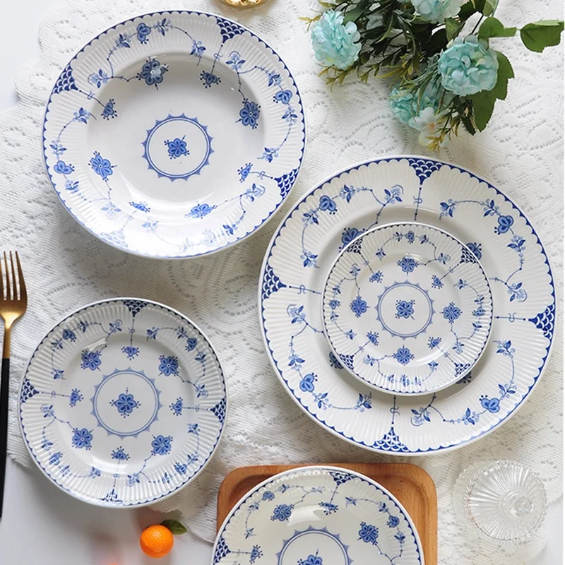 Flower Porcelain Plates and Dinnerware Factory Wholesale Blue Plate Dish Cheap Ceramic Plate Bowl Saucer Porcelain Enameled