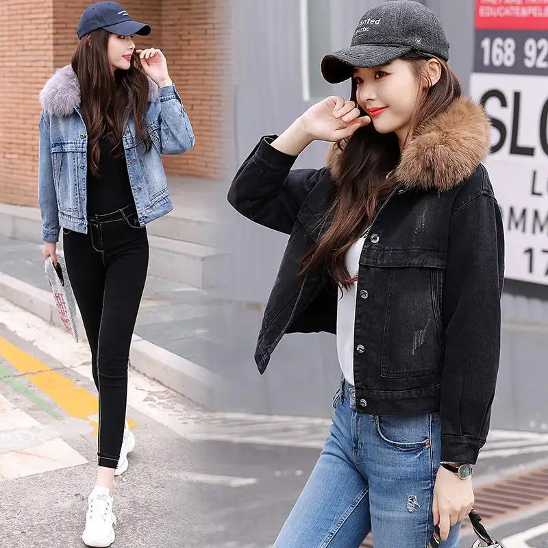 2021 Veste En Jean Avec Fourrure Fashion  Loose Outerwear Denim Jeans Jacket Fall Women Embroidered Faux Fur Print Denim Jacket