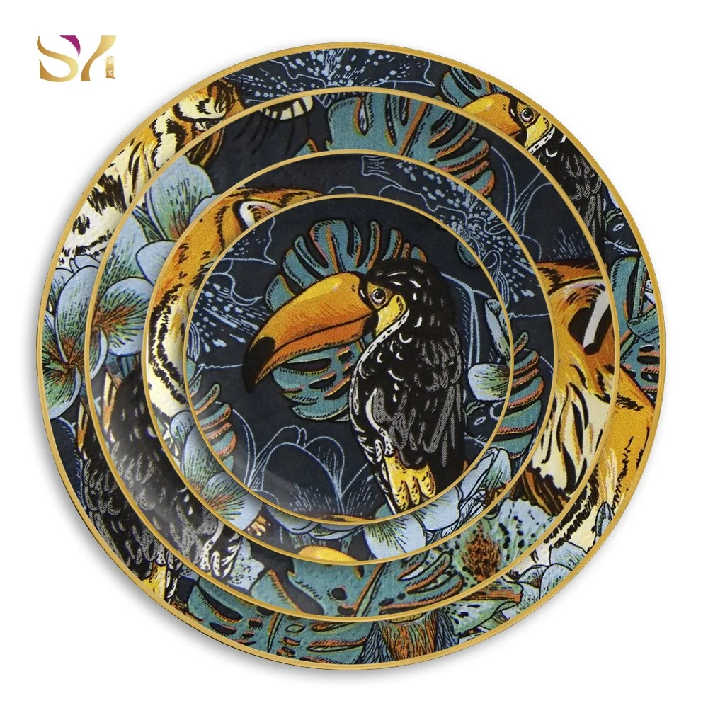 Роскошный цветочный дизайн керамический изысканный костяной фарфор набор для ужина зеленые свадебные тарелки для зарядного устройства