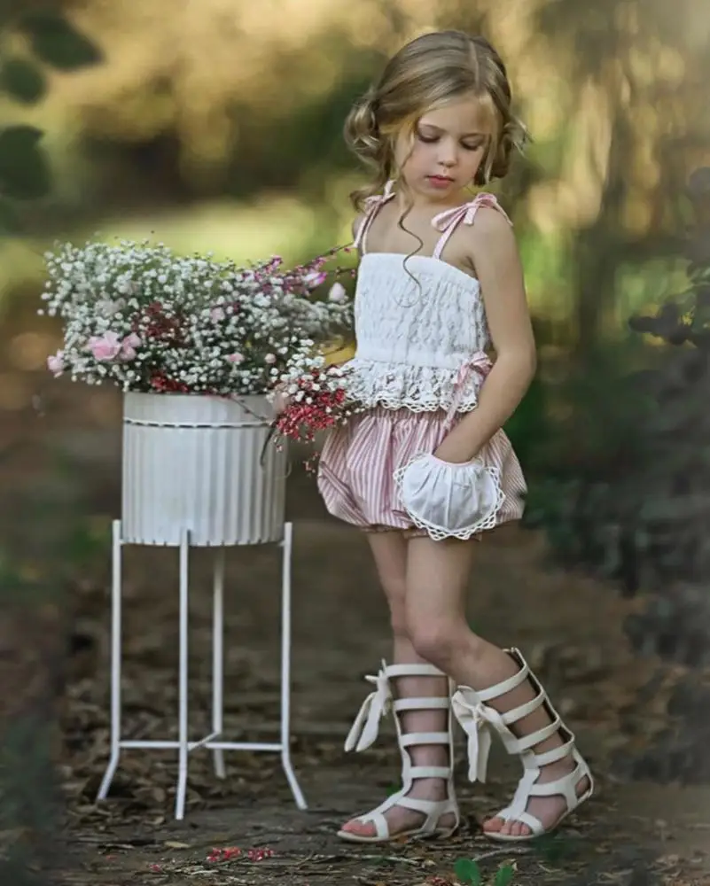 
Girl Sweet Summer Outfit Baby White Lace Ruffle Tops & Striped Bloomers 2pcs Sets 