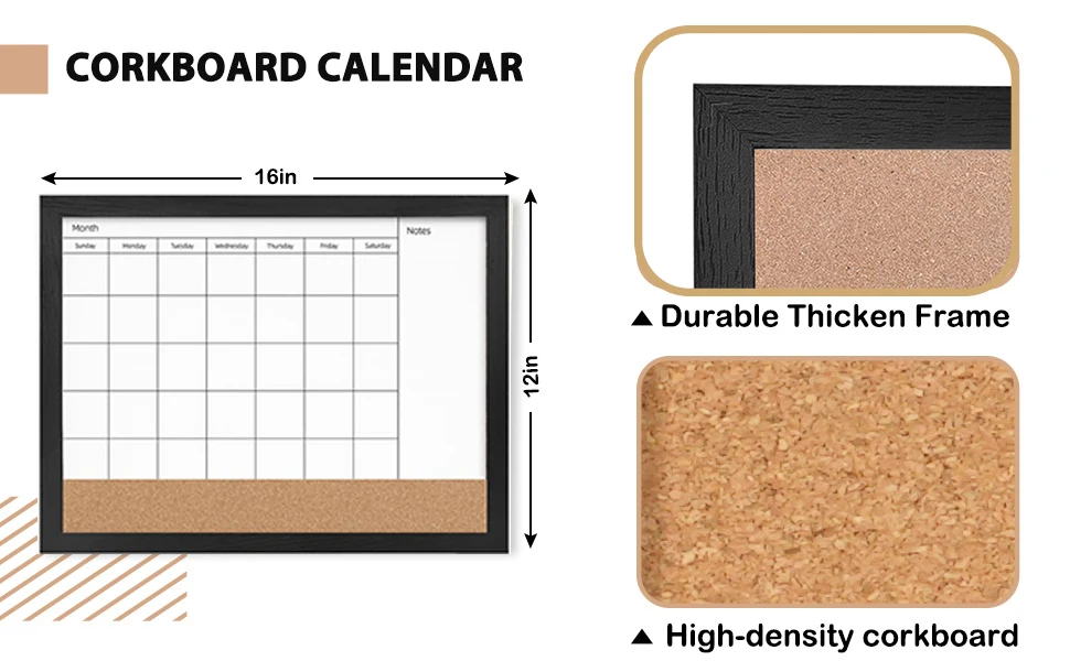 New Monthly Calendar Dry Erase Magnetic Surface  White Board  Cork Bulletin Board with Wood Frame for Wall