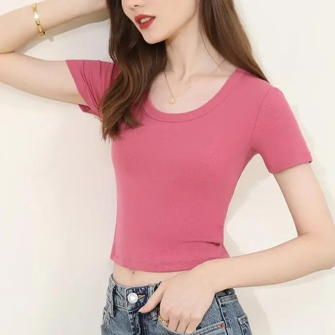 Wholesale Custom Casual Summer Short Sleeve Solid Color Black Slim Fit O-Neck Ribbed Oversized Crop Top T-Shirt For Women Cotton