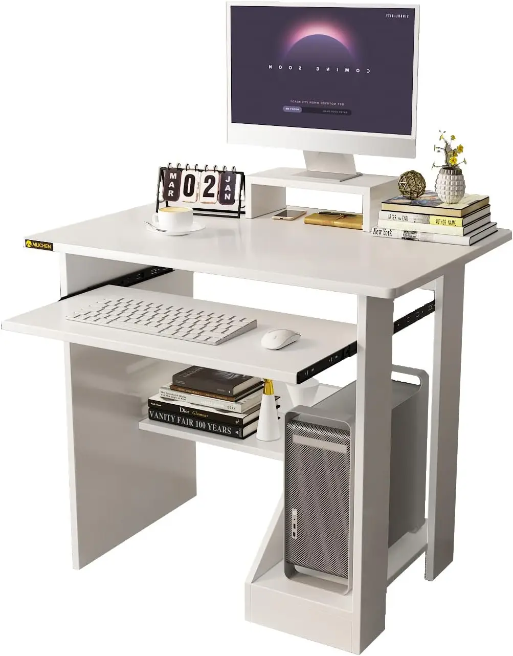Modern Home Office Computer Desk with Monitor Stand Keyboard Tray and Storage Shelves for Small Spaces