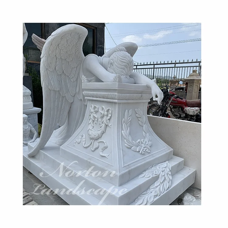 Outdoor Large Stone Angel Statue White Marble Weeping Angel Headstone And Tombstone For Grave