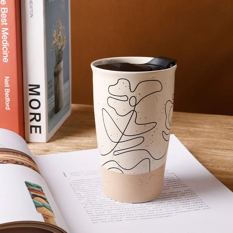 YST ceramics Manufacturer Modern ceramic Travel Mug Creative Flower Pattern Double-layer Coffe Cup with Lid