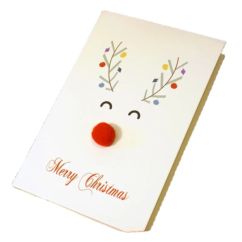 Wholesale Custom Printing Logo  3D woolly Red Nose Christmas Moose Elk Wishing Gift Paper Greeting Card
