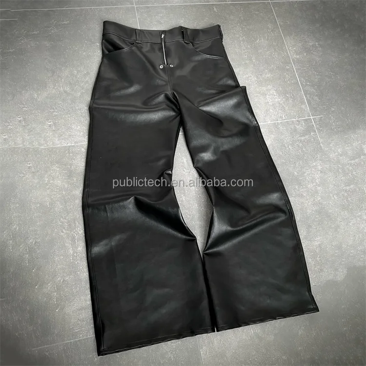 Manufacturer Vintage Streetwear high quality Zipper Pu Flare Sweat Trousers Custom Faux Leather Stacked Pants Men