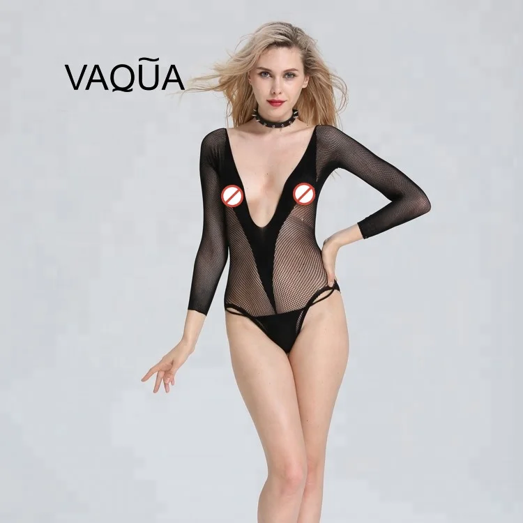 Black Hot Long Sleeve Deep V Fishnet Women Sexy Transparent Bodysuit