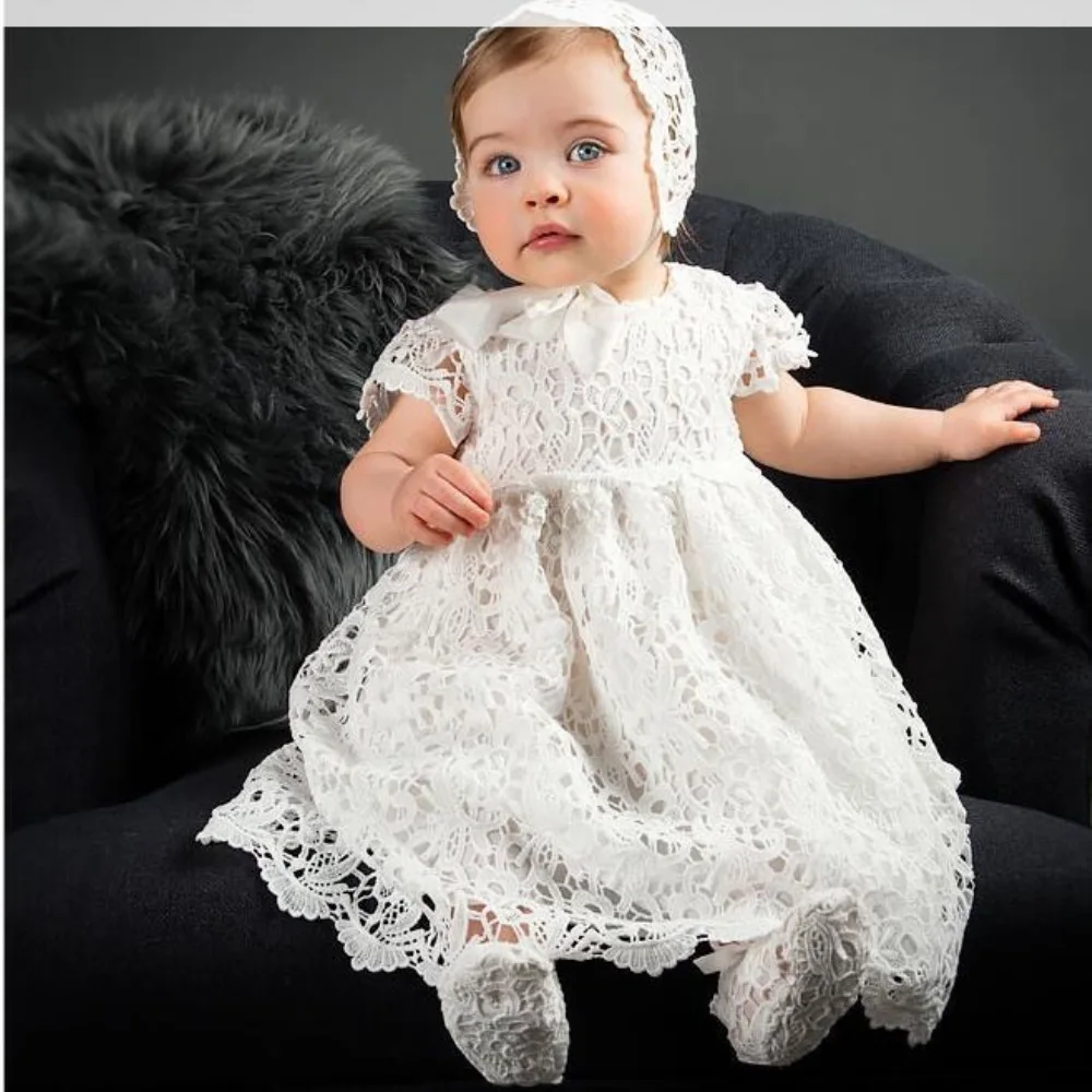 Baby Infant Girl Baptism Dress Flower Newborn Gown White Lace Christening Dress